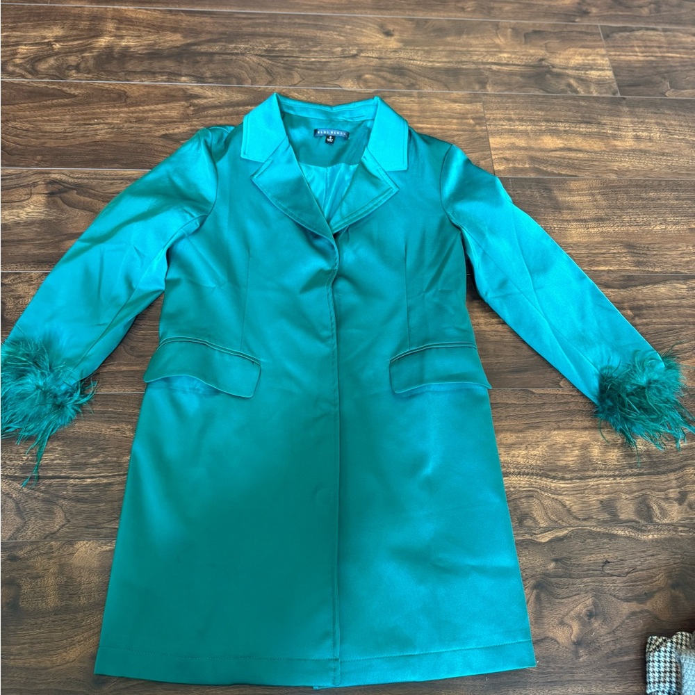 Green silk Blazer dress with fuzzy sleeve cuffs